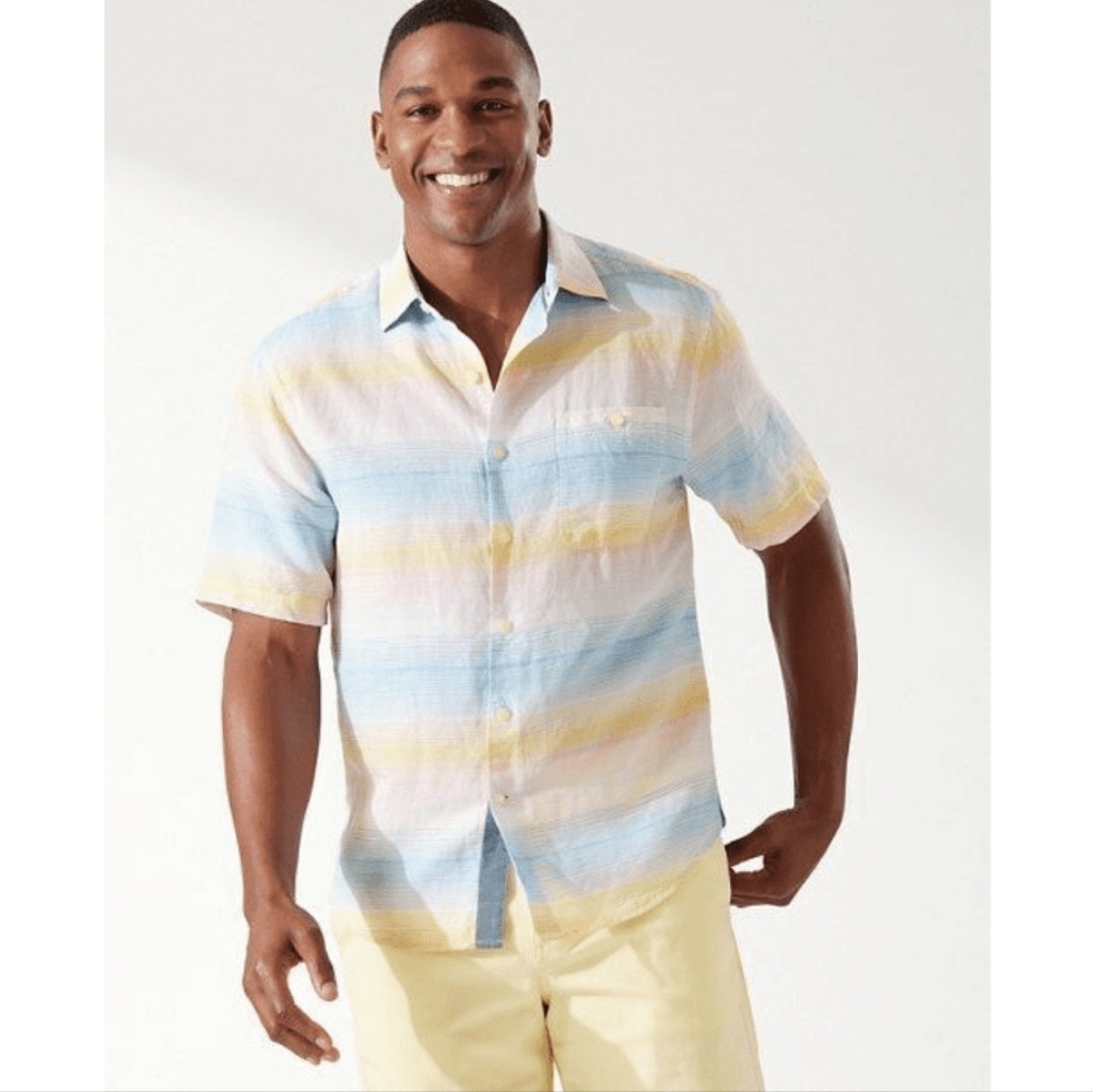TOMMY BAHAMA Serape Blue Stripe Linen-Blend Camp Shirt | SZ M